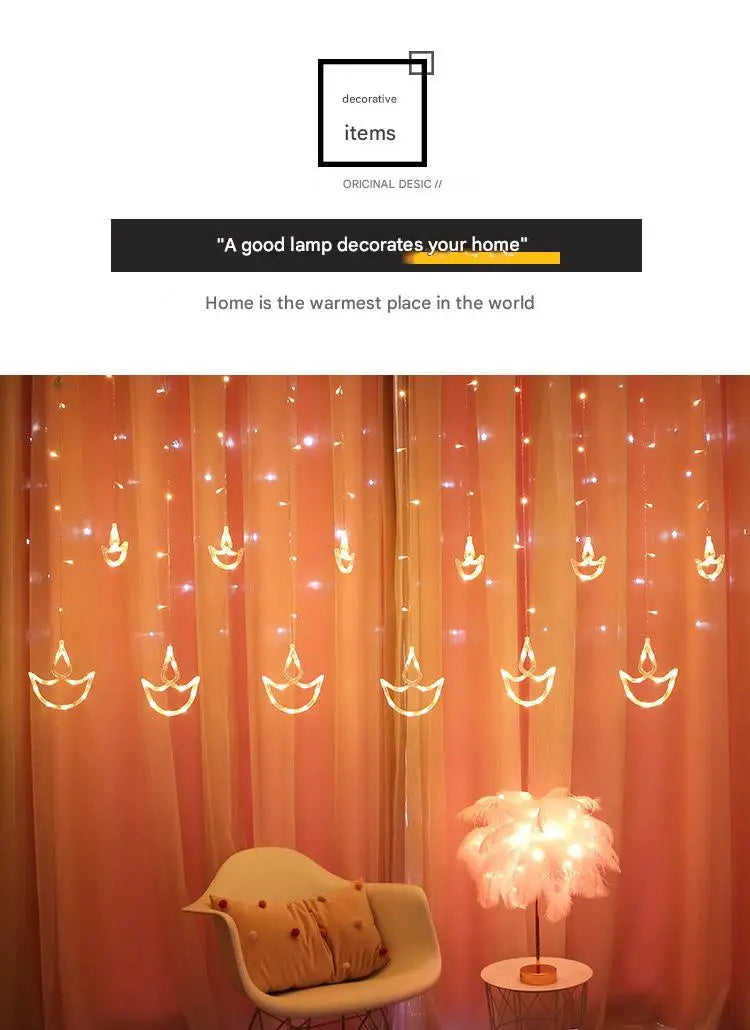Diwali String Lights Usb Plug Diya Curtain Light Festival Lamp for Wall Window Bedroom Decor Indoor Outdoor Eid al-Fitr Muslims