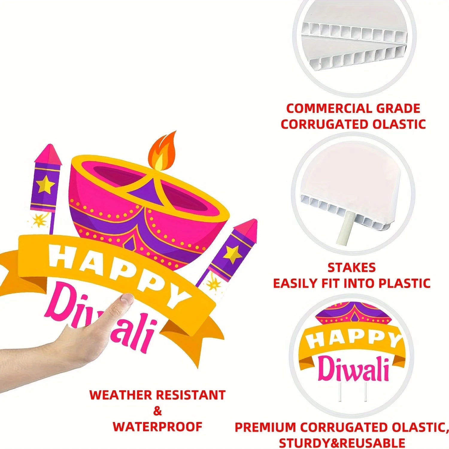 Happy Diwali Yard Sign Outdoor Colorful Yard Lawn Diwali Yard Decorations with Plastic Rods for Yard Diwali Party Outdoor