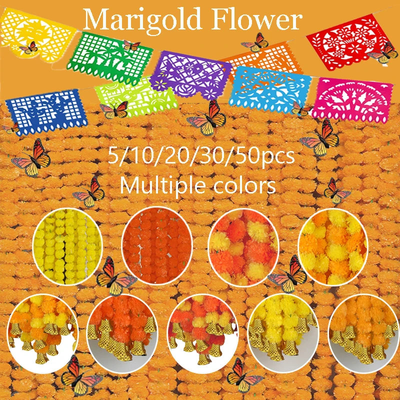 5-50pcs Marigold Flower Garland For Decoration 5 ft Artificial Flowers Mexican Diwali Indian Wedding Party Pooja Day of The Dead