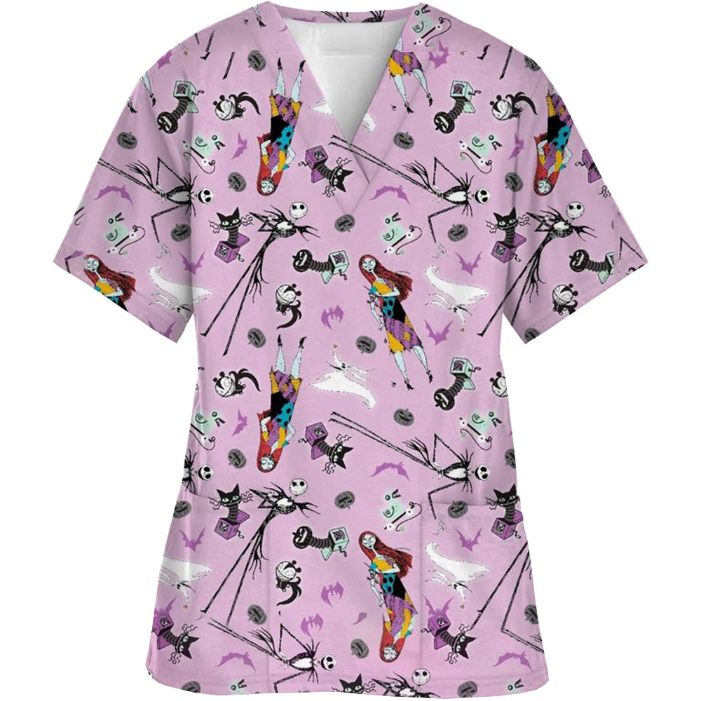 Christmas Nightmare V-neck Work Clothes Halloween Surgery plus size Nurse Medical Clothes Matte Top Women