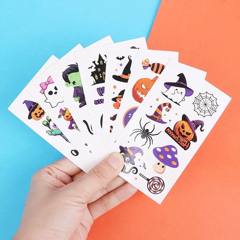 10Pcs Halloween Cartoon Tattoo Stickers Pumpkin Ghost Bat Spider Temporary Sticker Kids Birthday Party Favors Boy Girl Gifts
