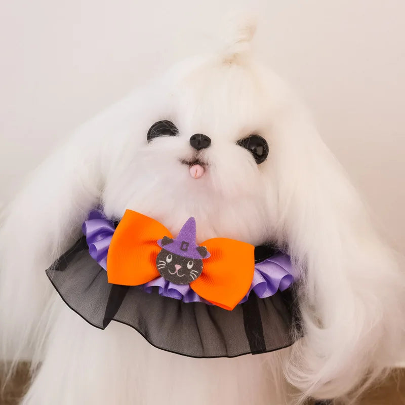 New Dog Necklace Halloween Pet Collar Cat Dog Drool Towel Lace Pumpkin Bat Wings Bow Cat Necklace Photo Prop