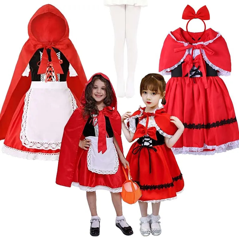 Girls Little Red Riding Hood Cosplay Children's Costume Princess Halloween Dress Headband + Pumpkin Bag Set Dresses for Girls