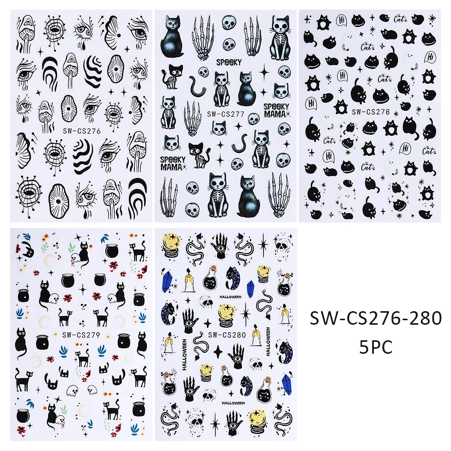 5pcs Halloween Nail Stickers Cartoon Cat Ghost Skull Hand Devil's Eye Snake Design Nail Decals Sliders DIY Manicure Decoration