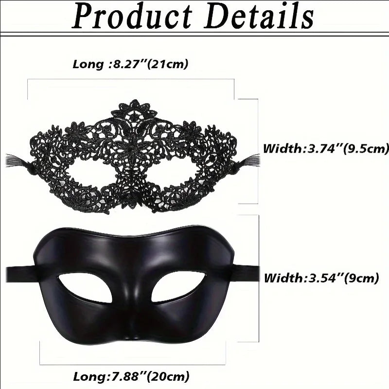 2pcs Elegant Black Lace Masquerade Mask Set for Couples - Perfect for Venetian Party, Mardi Gras, and Halloween Celebrations
