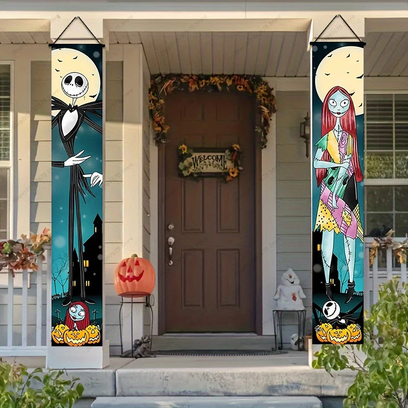 Christmas Nightmare Before Door Banner Jack Sally Porch Signs Couplet for Halloween Party Decorations Outdoor Decor Supplies