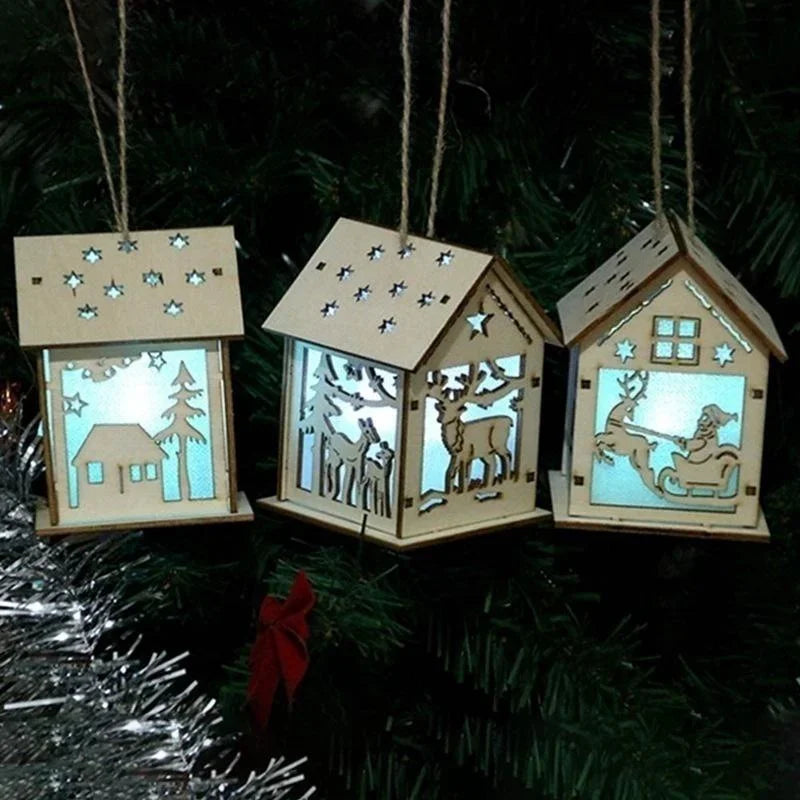Christmas LED Light Wooden House Luminous Cabin Merry Christmas Decorations for Home DIY Xmas Tree Ornaments Kids Gifts New Year