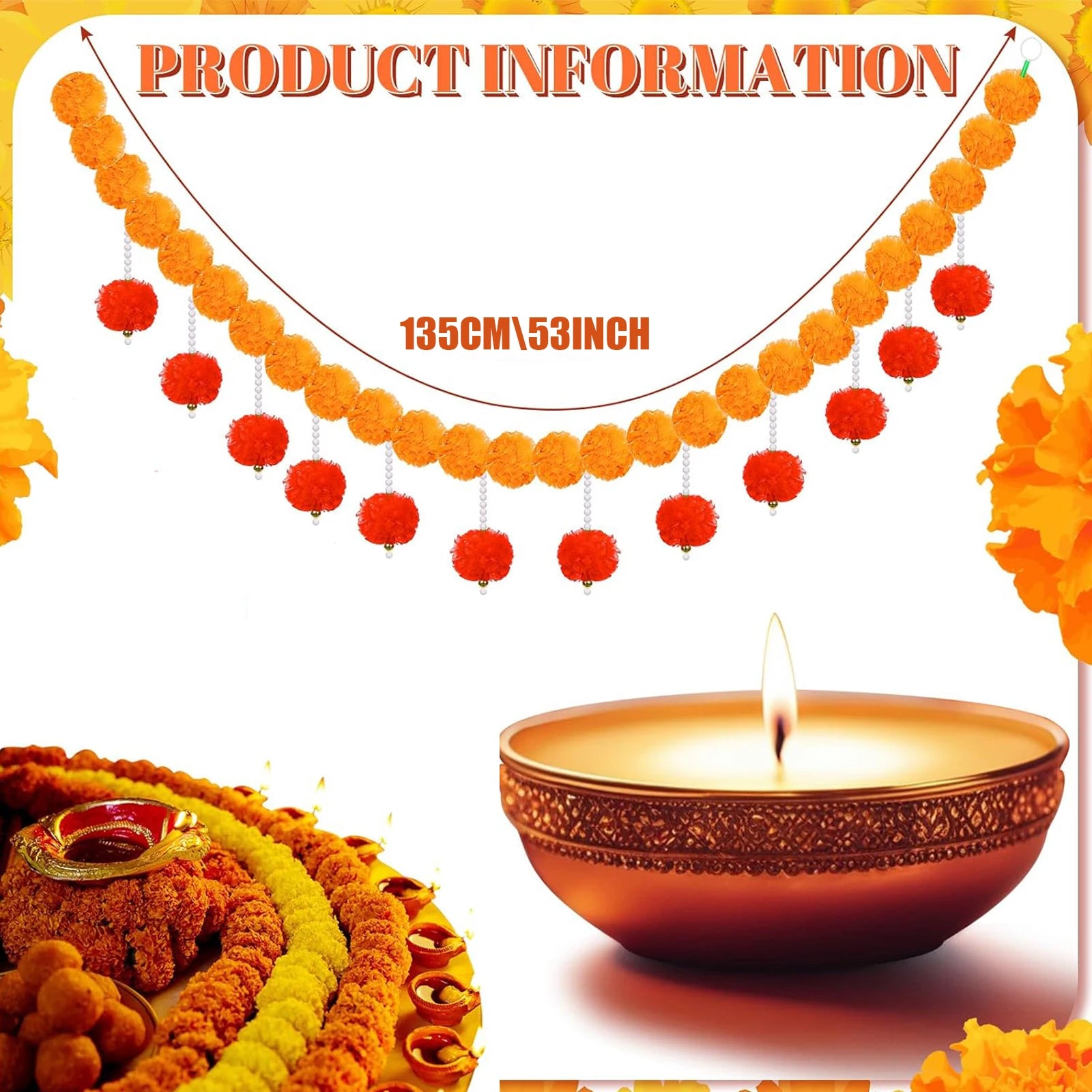 2-10pcs Marigold Flower Garland For Decoration Artificial Flower Garland Pooja, Diwali,Mexican Party ,Day of The Dead Decor