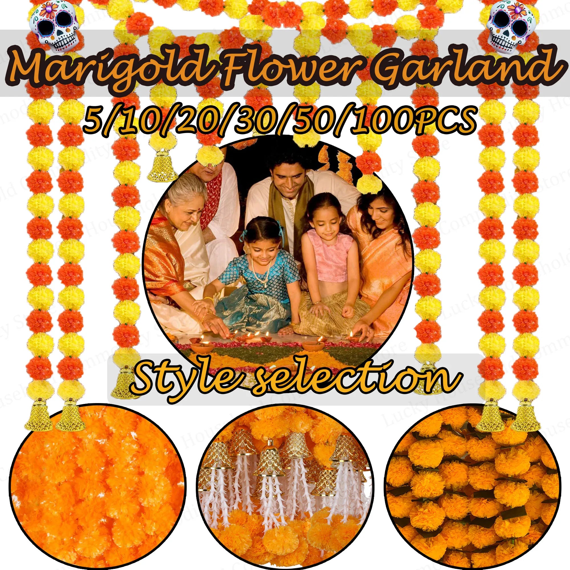 5-100PCS Marigold Flower Garlands for Decoration Artificial Flowers Diwali Indian Décor Pooja Day of The Dead Mexican Party