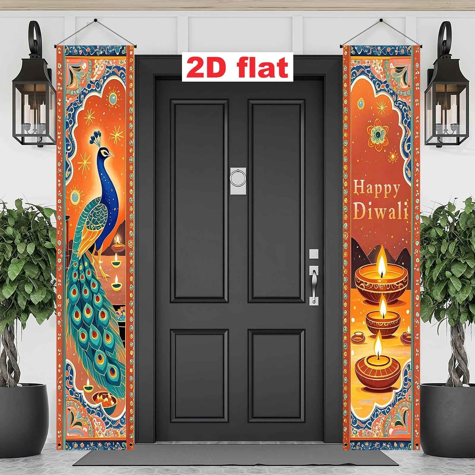 Indian Diwali Theme Decoration Welcome Door Couplets, Peacock, and Oil Lamp Decoration Design