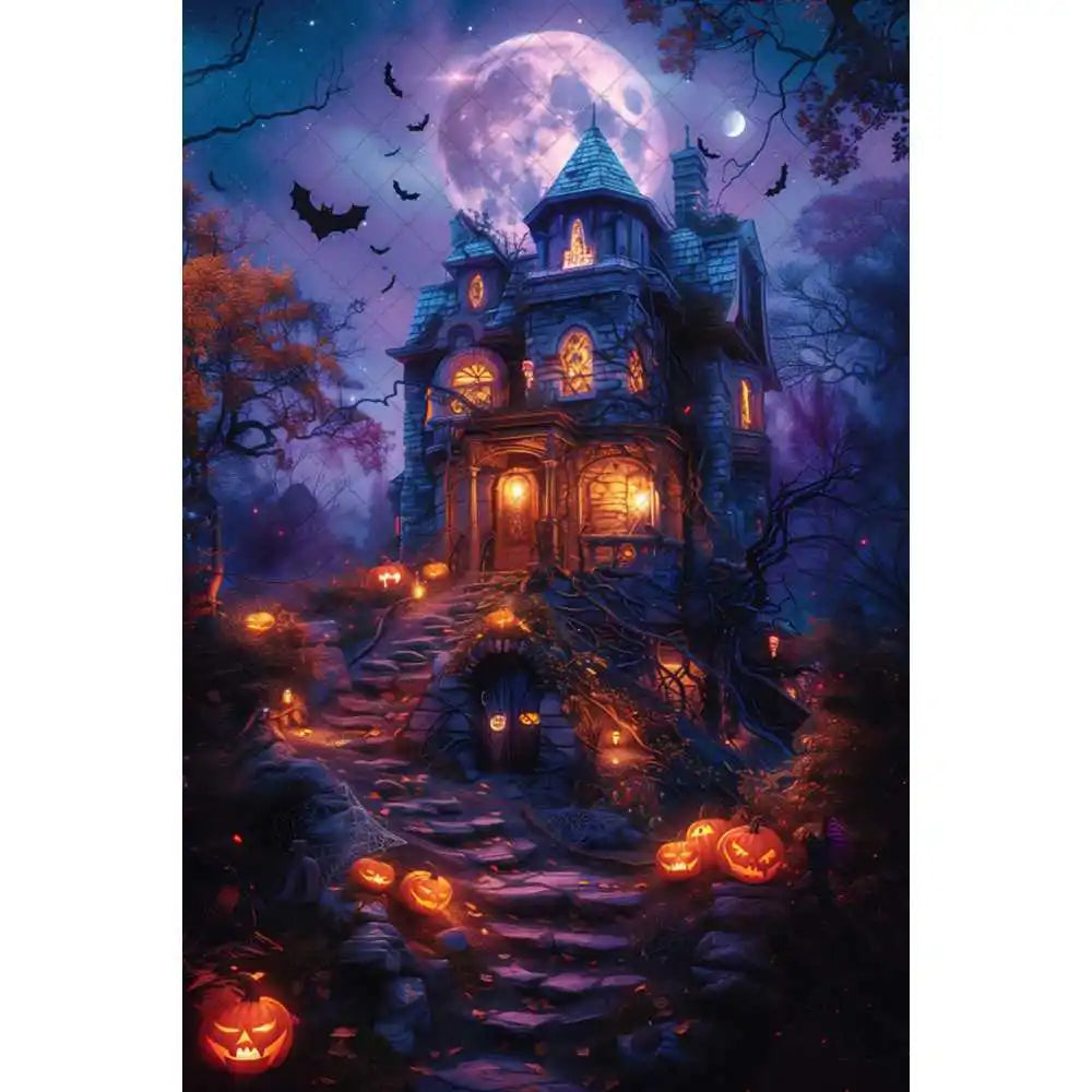 Halloween Night Background Photography Horror Haunted House Pumpkin Lantern Black Stone Road Backdrop Kids Holiday Party Studio