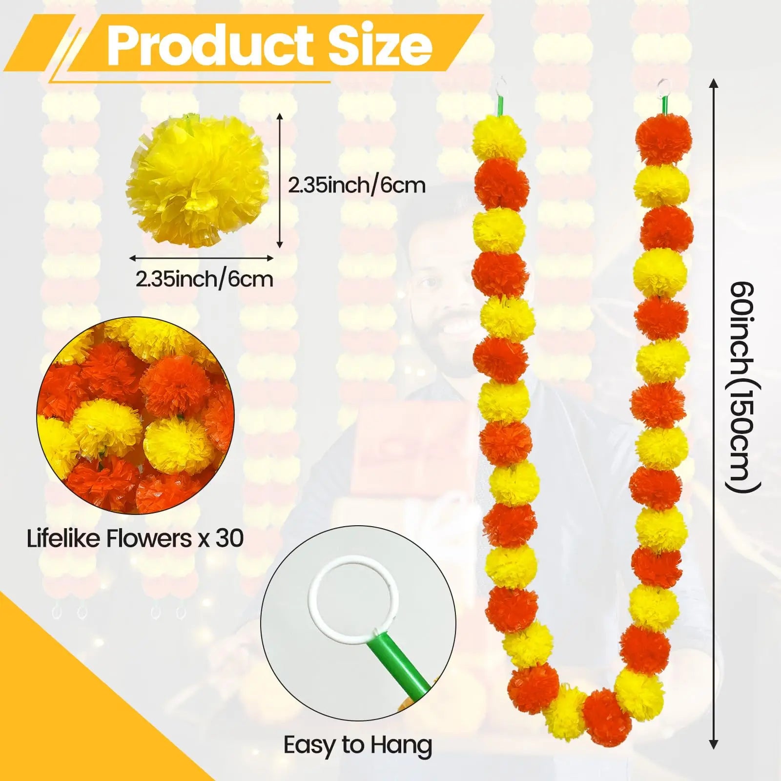 5-50pcs Marigold Garland For Decoration 5 Ft Artificial Flower Garland Mexican Fiesta Day of The Dead/Diwali Pooja Decor/Wedding