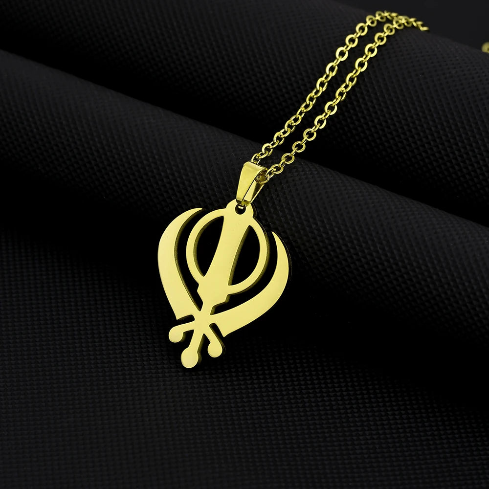 SONYA Stainless Steel Sikh Symbol Pendant Necklace for Men Women Unisex Ethnic Boho Couple Jewelry Tribal Gift Accessory