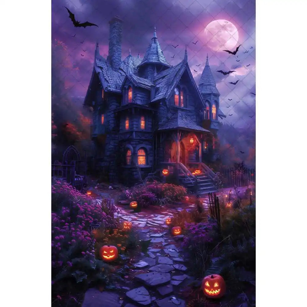 Halloween Night Background Photography Horror Haunted House Pumpkin Lantern Black Stone Road Backdrop Kids Holiday Party Studio