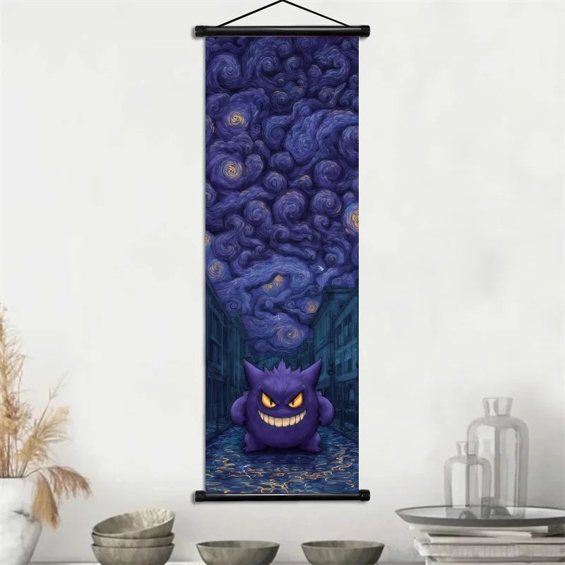 Pokemon Gengar Scroll Art Cloth Anime Characters Wall Hanging Poster Halloween Xmas Decor Fans Collection Home Gifts