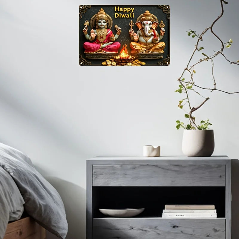 1pc Divine Aluminum Diwali Sign, 2D Lakshmi and Ganesha Figurine, Universal Holiday Decor, Ideal for Home, Bar, Table Decoration