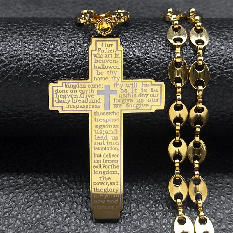 Jesus Cross Crucifix Pendant Necklace for Men Stainless Steel Gold Color Christian Coffee Bean Chain Jewelry croix chrétienne