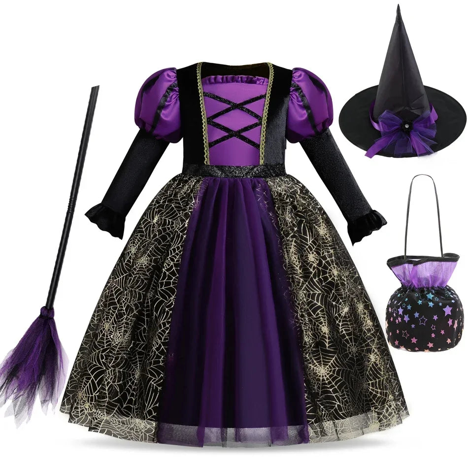 Witch Costume Kids for Girls Ghost Gothic Black Dress for Girl Carnival Party Halloween Princess Clothings