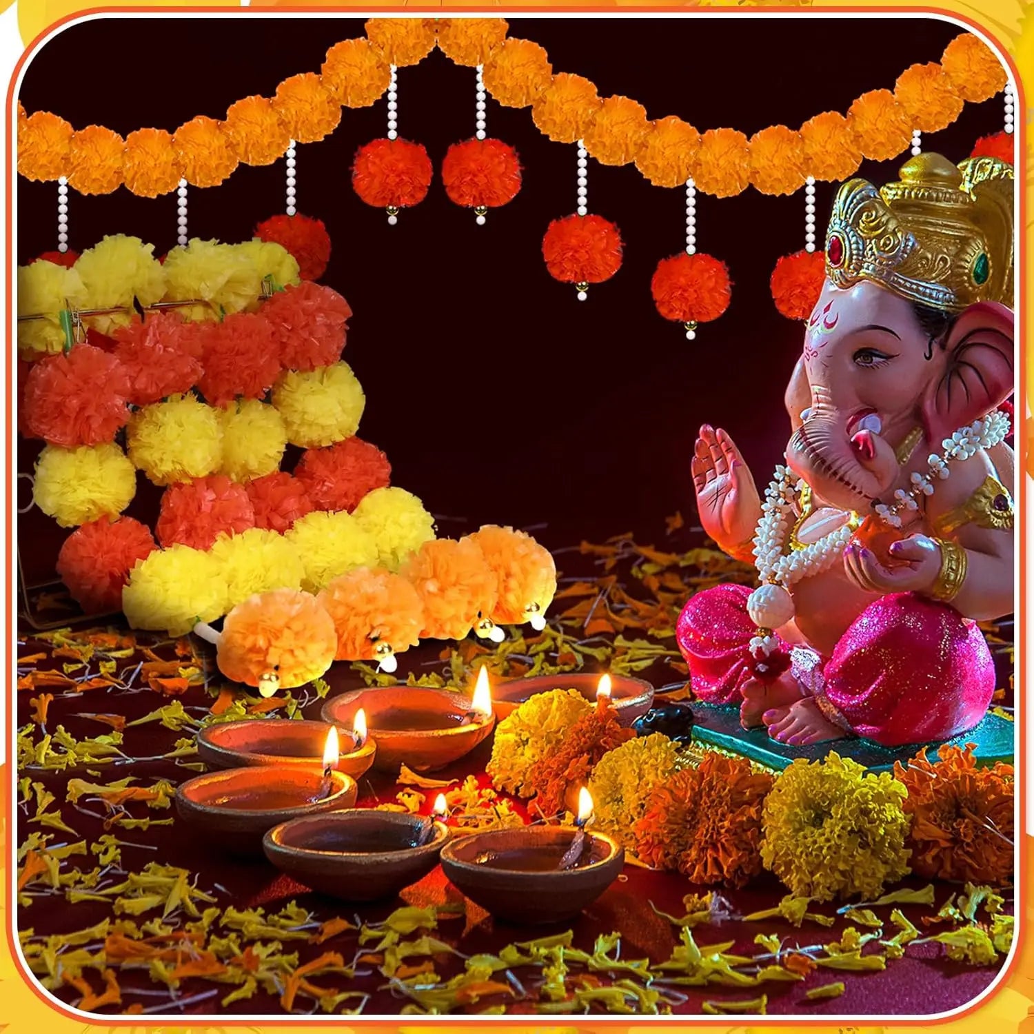 2-10pcs Marigold Flower Garland For Decoration Artificial Flower Garland Pooja, Diwali,Mexican Party ,Day of The Dead Decor