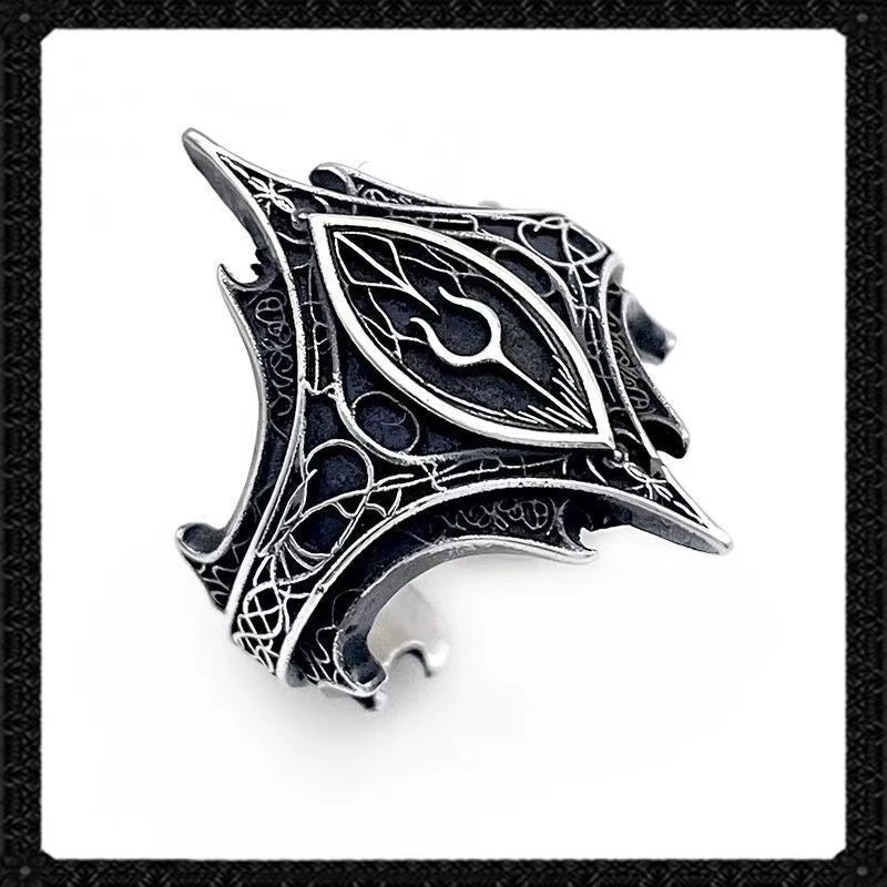 LATS Retro Personality Ancient Silver Color Hollowed-out Relief Crown Castle Rings for Women Men Halloween Trend Gothic Jewelry