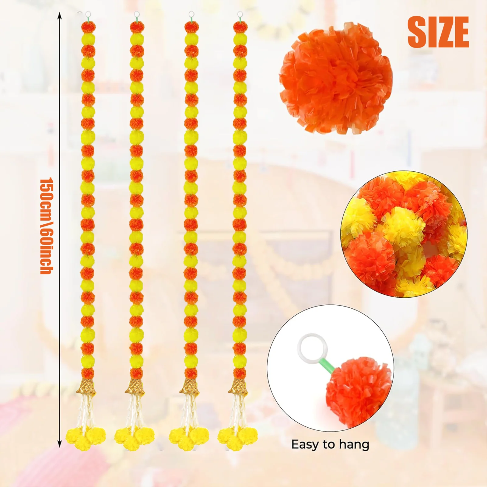 5-50pcs Marigold Flower Garlands 5 Ft Artificial Flower Garland Indian Décor,Pooja, Diwali, Fiesta Day of The Dead, Mexican Par