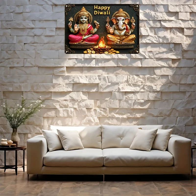 1pc Divine Aluminum Diwali Sign, 2D Lakshmi and Ganesha Figurine, Universal Holiday Decor, Ideal for Home, Bar, Table Decoration