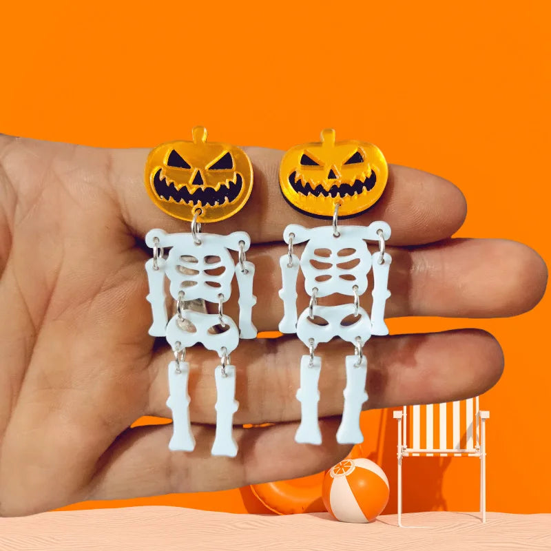 New Skeleton Pumpkins Halloween Earrings Women Hallowmas Costume Cosplay Skull Heart Axe Black Bat Acrylic Drop Earring