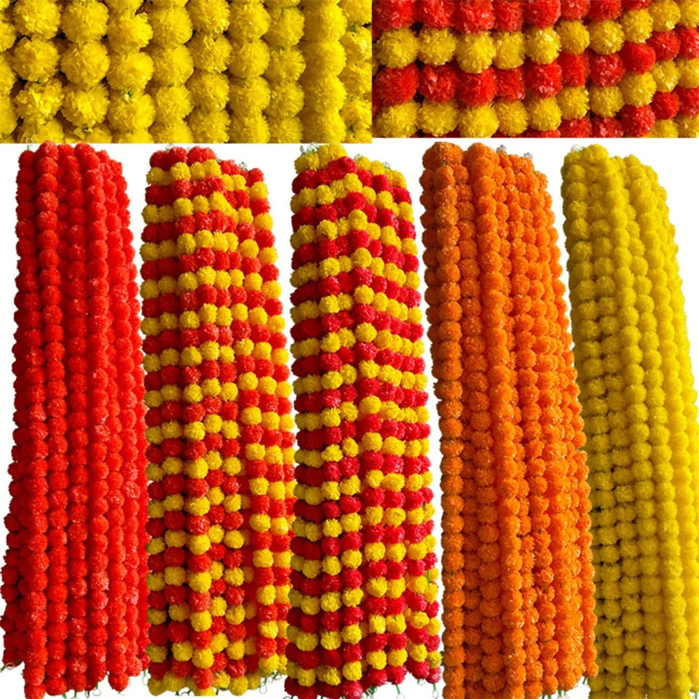 Artificial Marigold Garland For Diwali Wreath Indian Weddings Arch Decorations Garland Halloween Yard Hanging Flower Bar Strips
