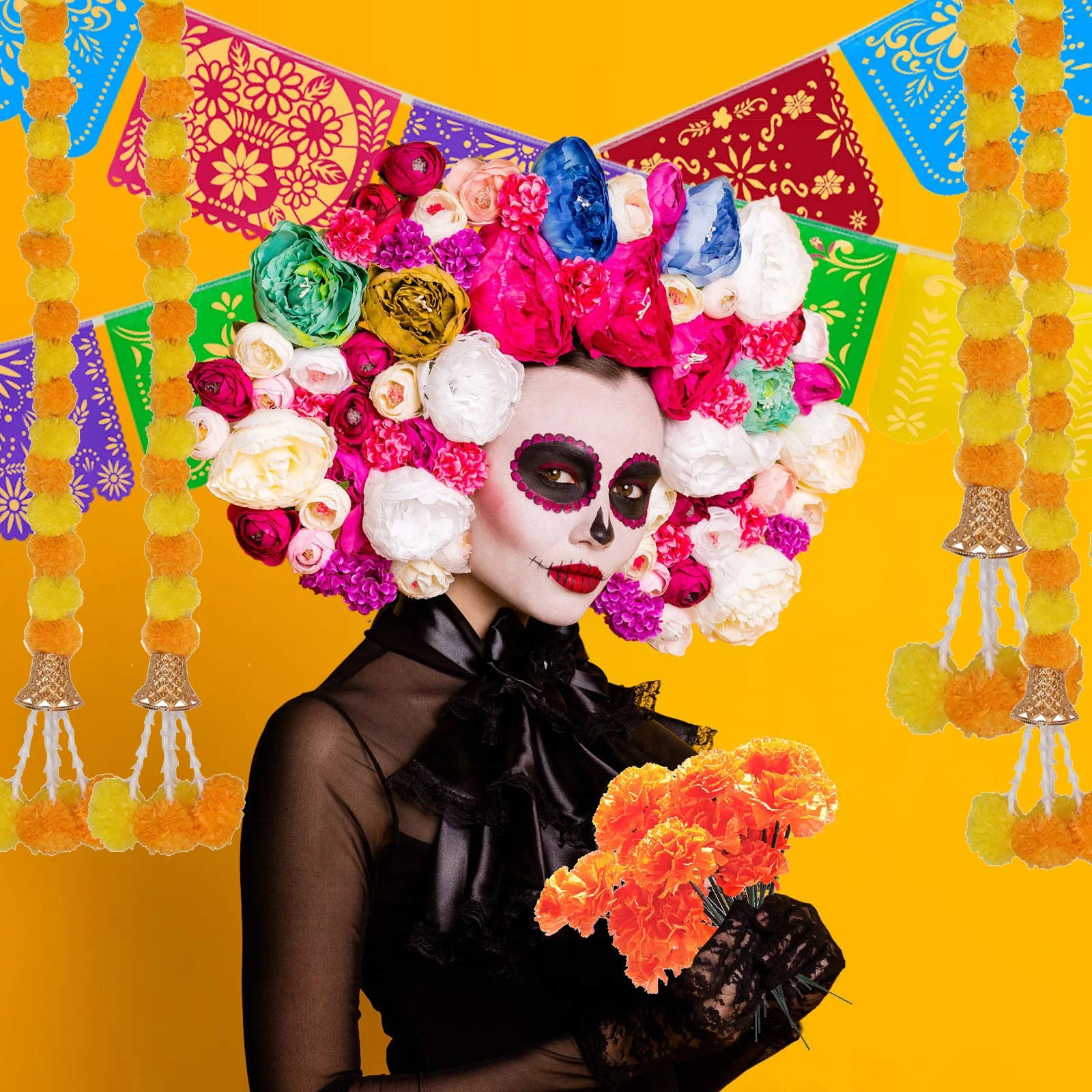 5-50pcs Marigold Flower Garlands 5 Ft Artificial Flower Garland Indian Décor,Pooja, Diwali, Fiesta Day of The Dead, Mexican Par