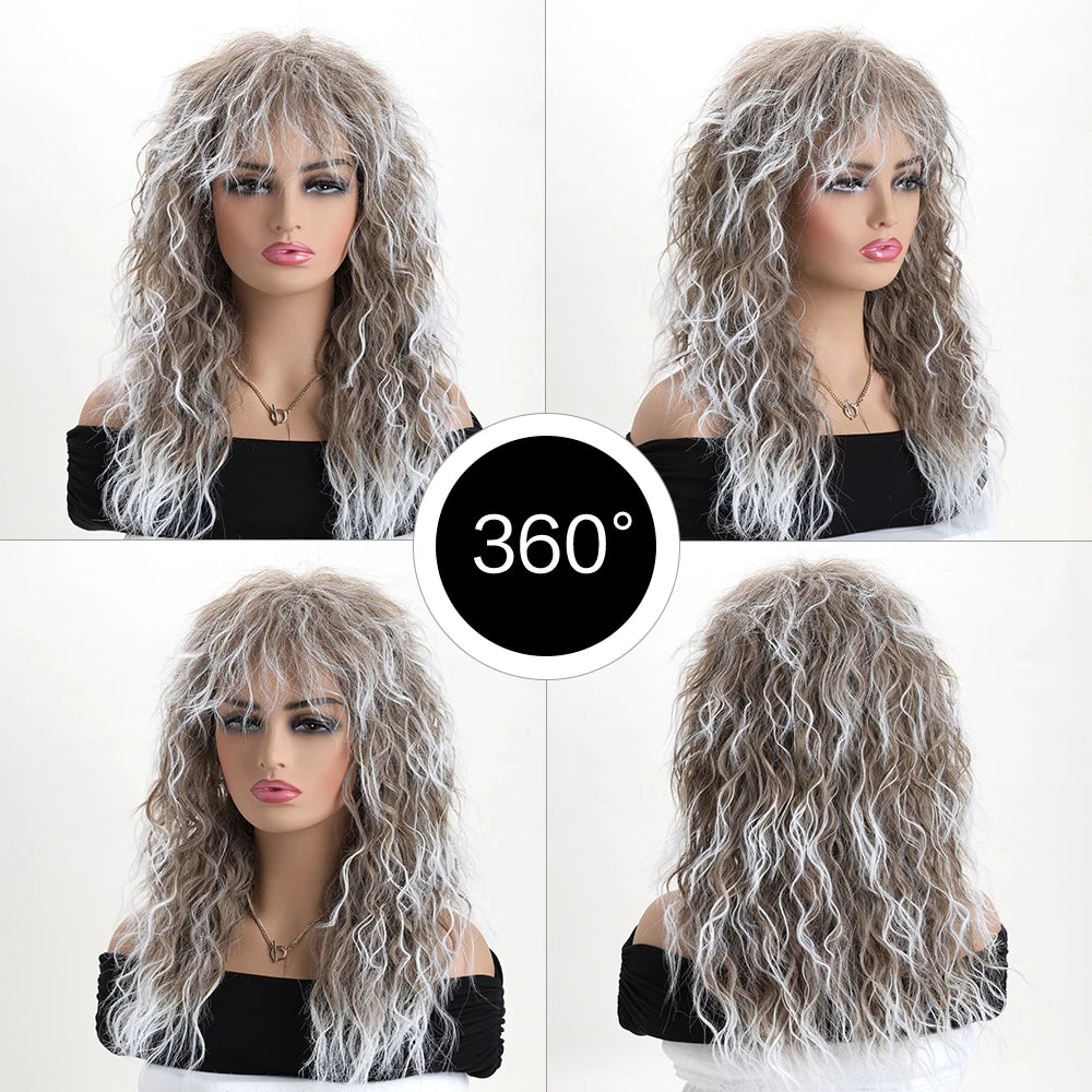 Women’s 70s 80s Style Long Synthetic Curly Hair Wig Glam Rock Rocker Wig Perfect for Halloween Cosplay  DIY Themed Costume Party