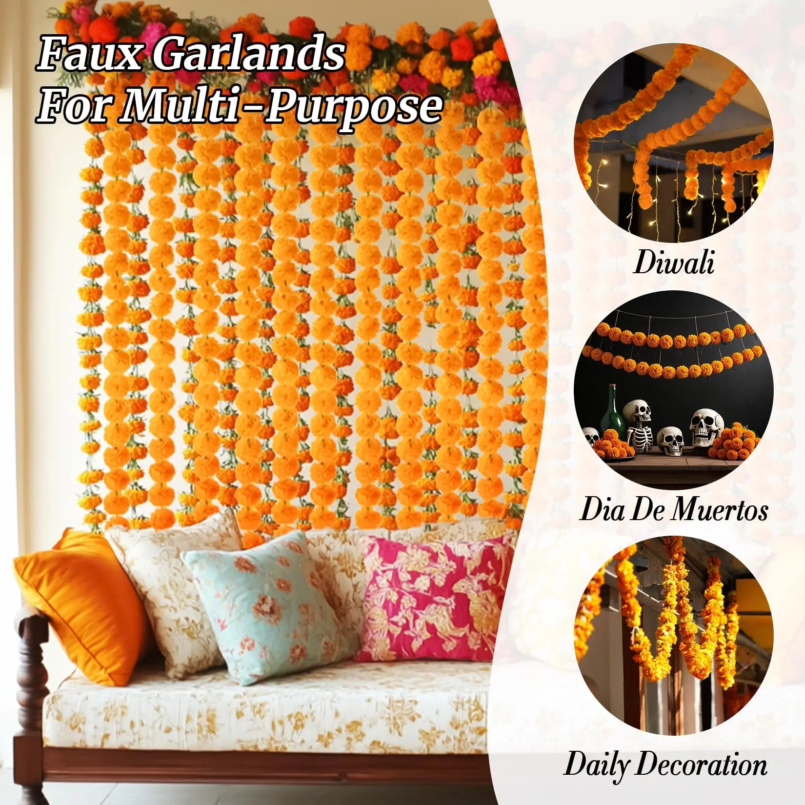 5-100PCS Marigold Flower Garlands for Decoration Artificial Flowers Diwali Indian Décor Pooja Day of The Dead Mexican Party