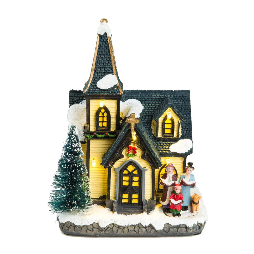 Christmas Church Snow Village House LED Lights Choir Figurines Collectible Building Indoor Holiday Decoration for Home Fireplace