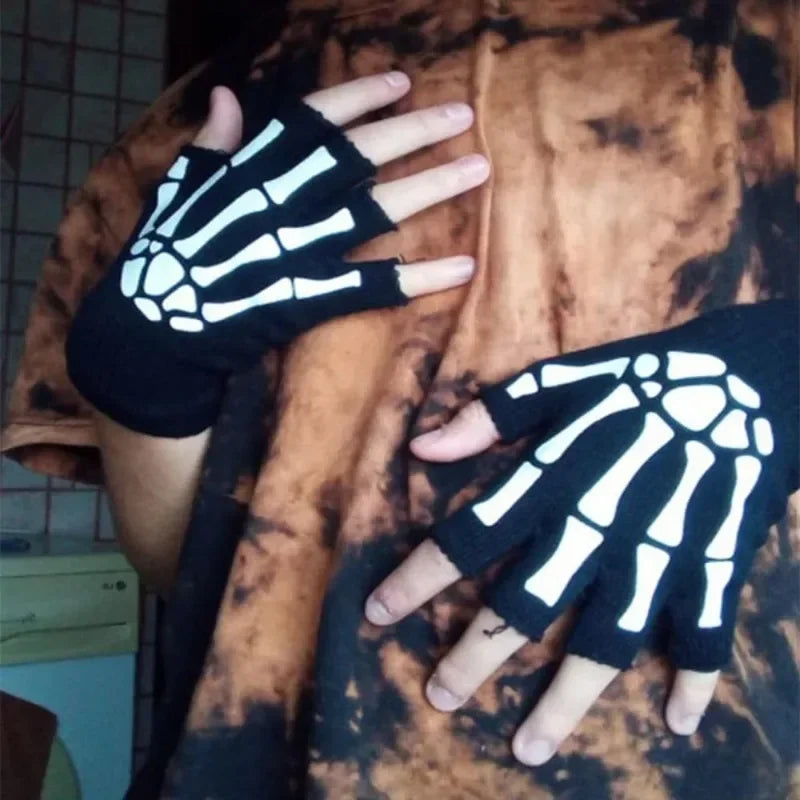 Punk Gloves Halloween Gloves Cosplay Y2k Skeleton Skull Half Finger Gloves Glow in The Dark Stretch Knitted Winter Mittens Adult