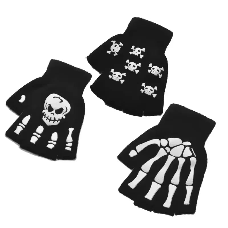 Punk Gloves Halloween Gloves Cosplay Y2k Skeleton Skull Half Finger Gloves Glow in The Dark Stretch Knitted Winter Mittens Adult