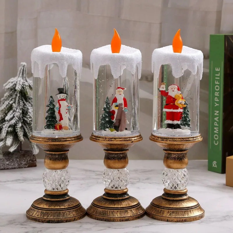 Christmas Decorations Water Filled Candles with Scene Crystal Lights Snowfall Effect Santa Claus Figurine Perfect Holiday Gift