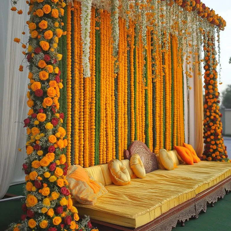 5-50pcs Marigold Flower Garland For Decoration 5 ft Artificial Flowers Mexican Diwali Indian Wedding Party Pooja Day of The Dead