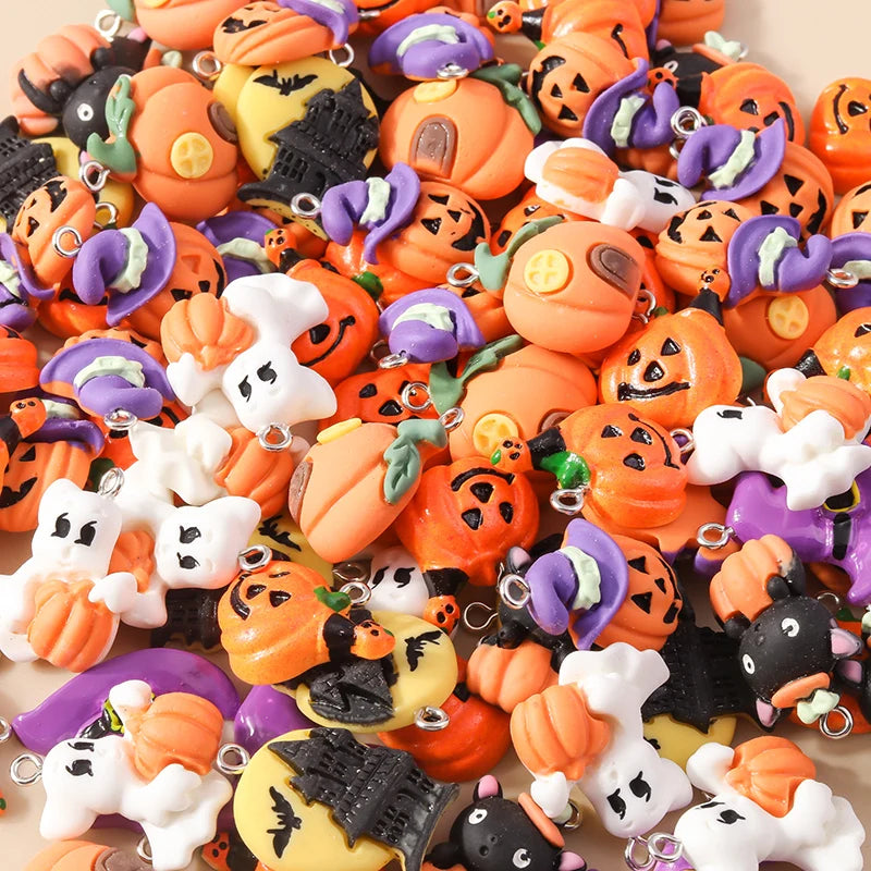 Leslie 10Pcs New Resin Halloween Charms Kawaii Cat Spider Castle Ghost Pumpkin Charms Pendants Decor DIY Earring Jewelry Making