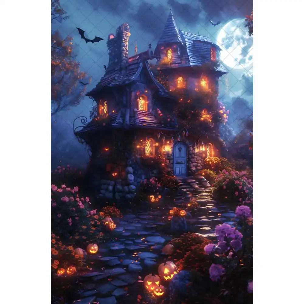 Halloween Night Background Photography Horror Haunted House Pumpkin Lantern Black Stone Road Backdrop Kids Holiday Party Studio