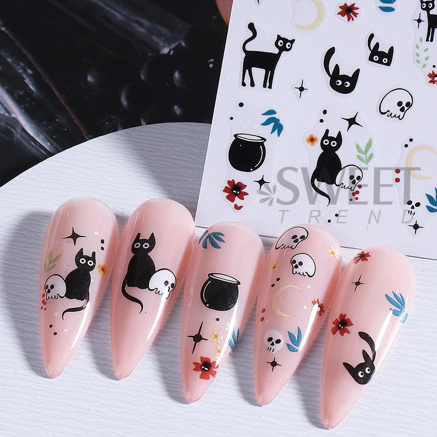 5pcs Halloween Nail Stickers Cartoon Cat Ghost Skull Hand Devil's Eye Snake Design Nail Decals Sliders DIY Manicure Decoration