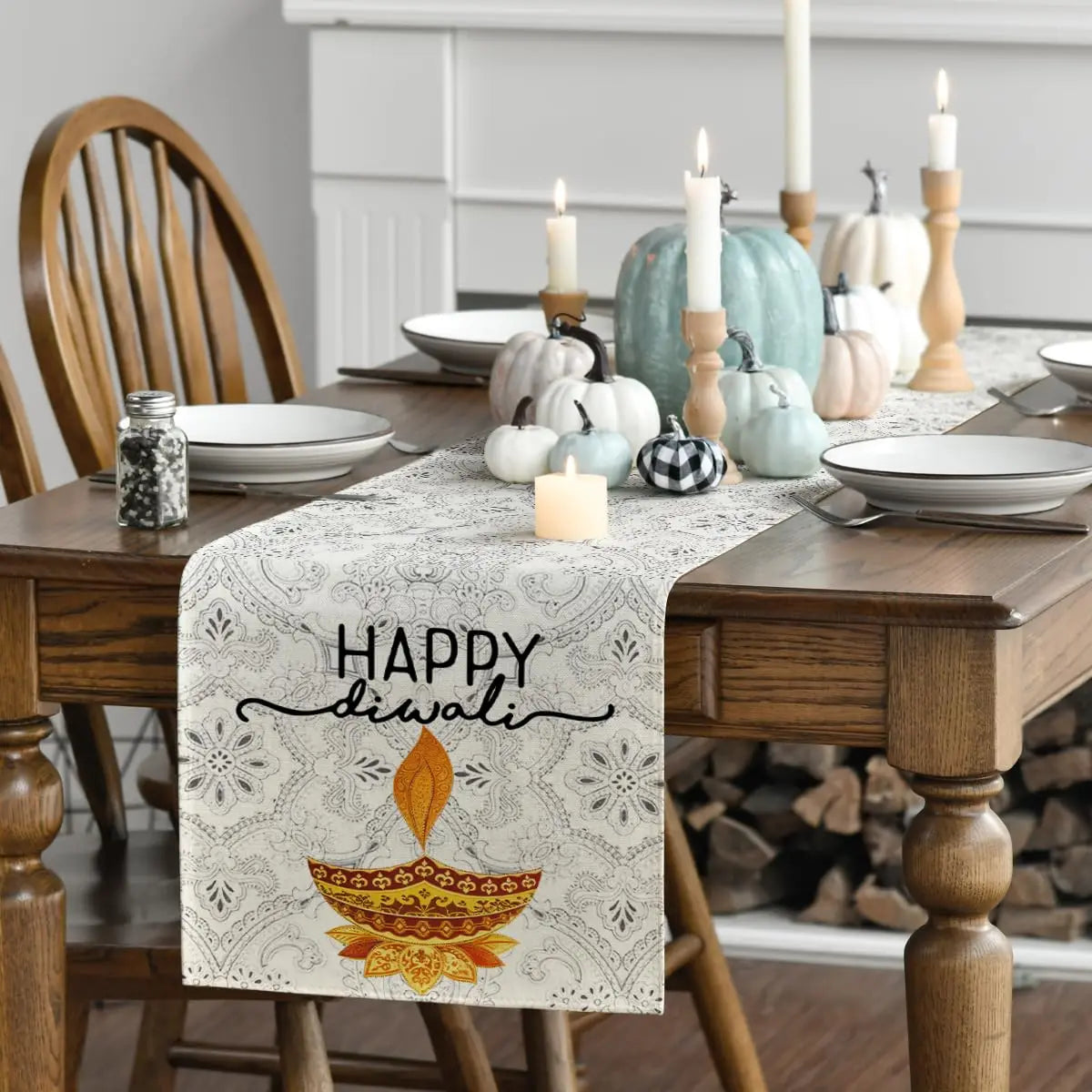Happy Diwali Table Runner, Festival of Light Marigold  Dining Table Decoration for Home Party Decor