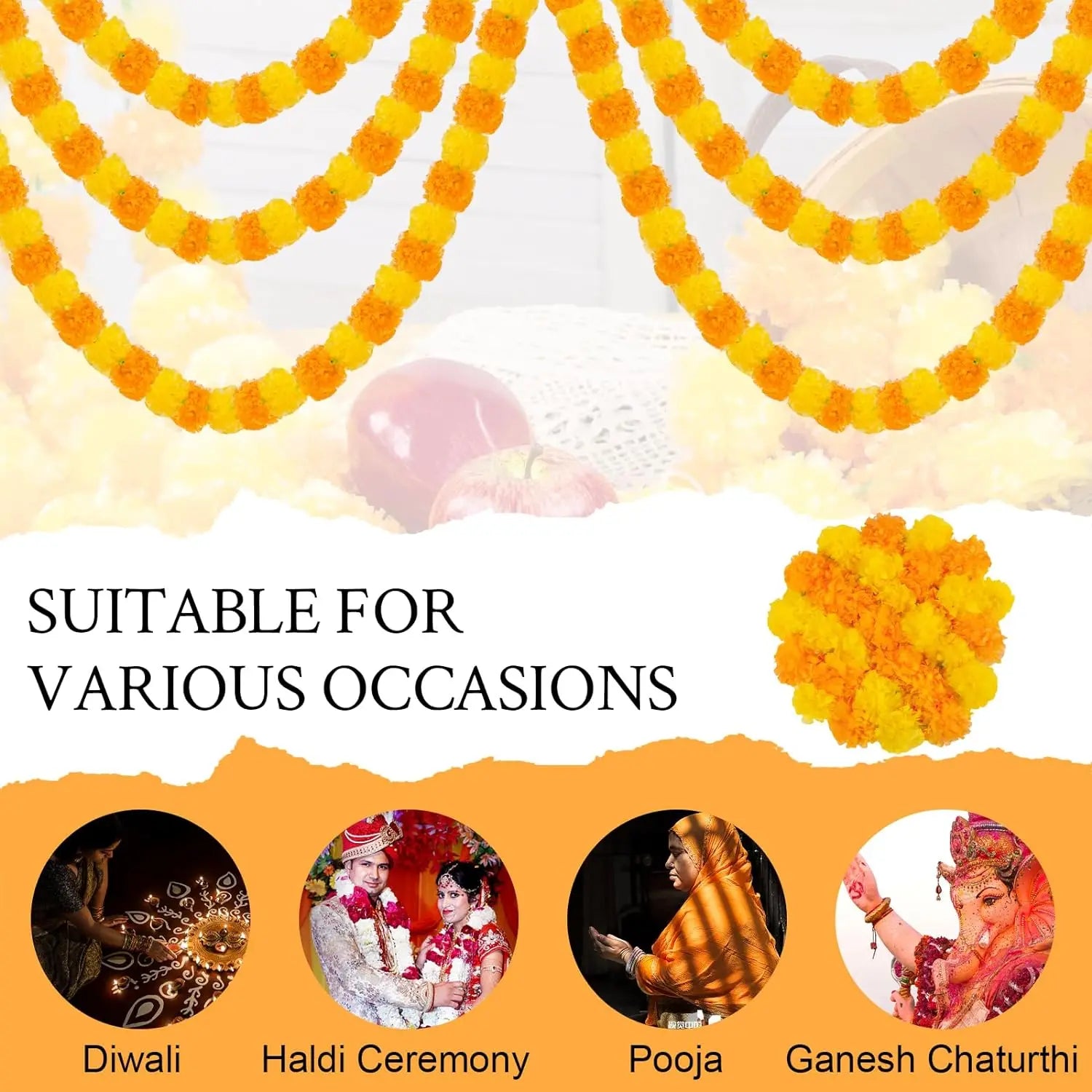 Marigold Garland for Decoration 10 Pcs of 5 feet (1,52 m)˜ Long Strands Artificial Marigold Flowers, Indian Décor for Pooja