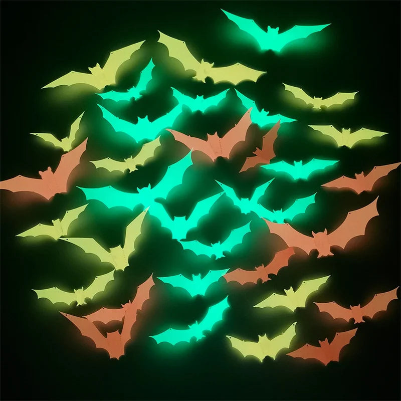 12Pcs/Set 3D Luminous Bat Wall Stickers Halloween Party Decoration PVC Stickers Living Room Window Home Decor Wall Decals Glow