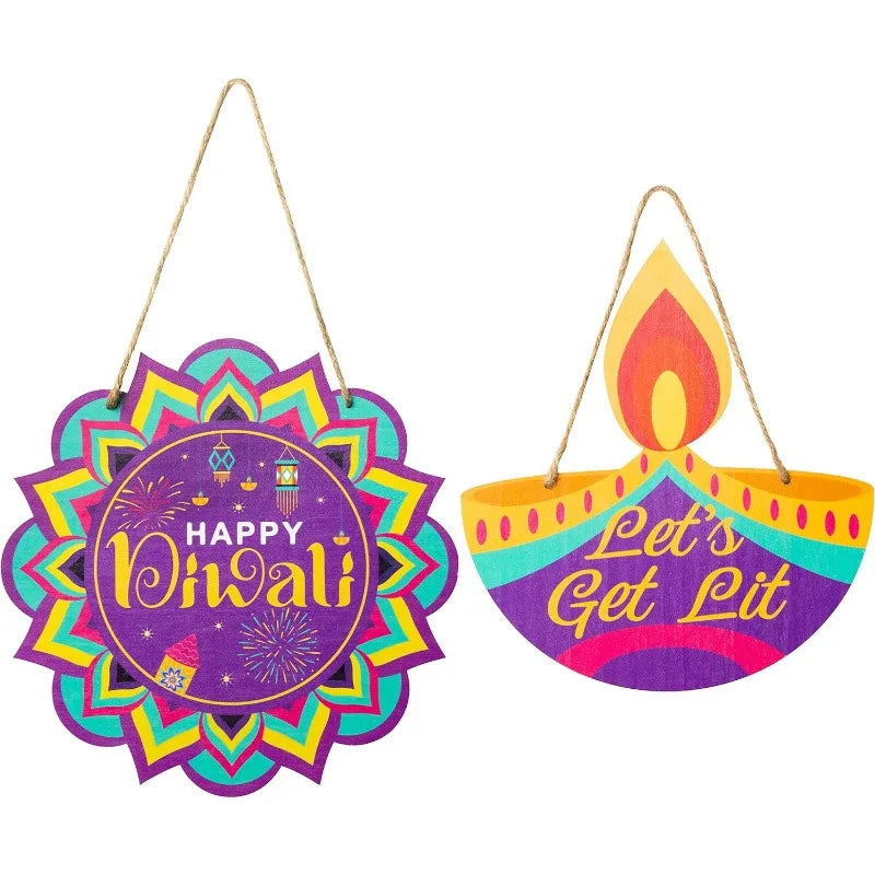 2Pcs Wooden Diwali Door Sign - 'Happy Diwali' Hanging Plaque with Rope for Indian Festival Decor, Wall Welcome Decorations