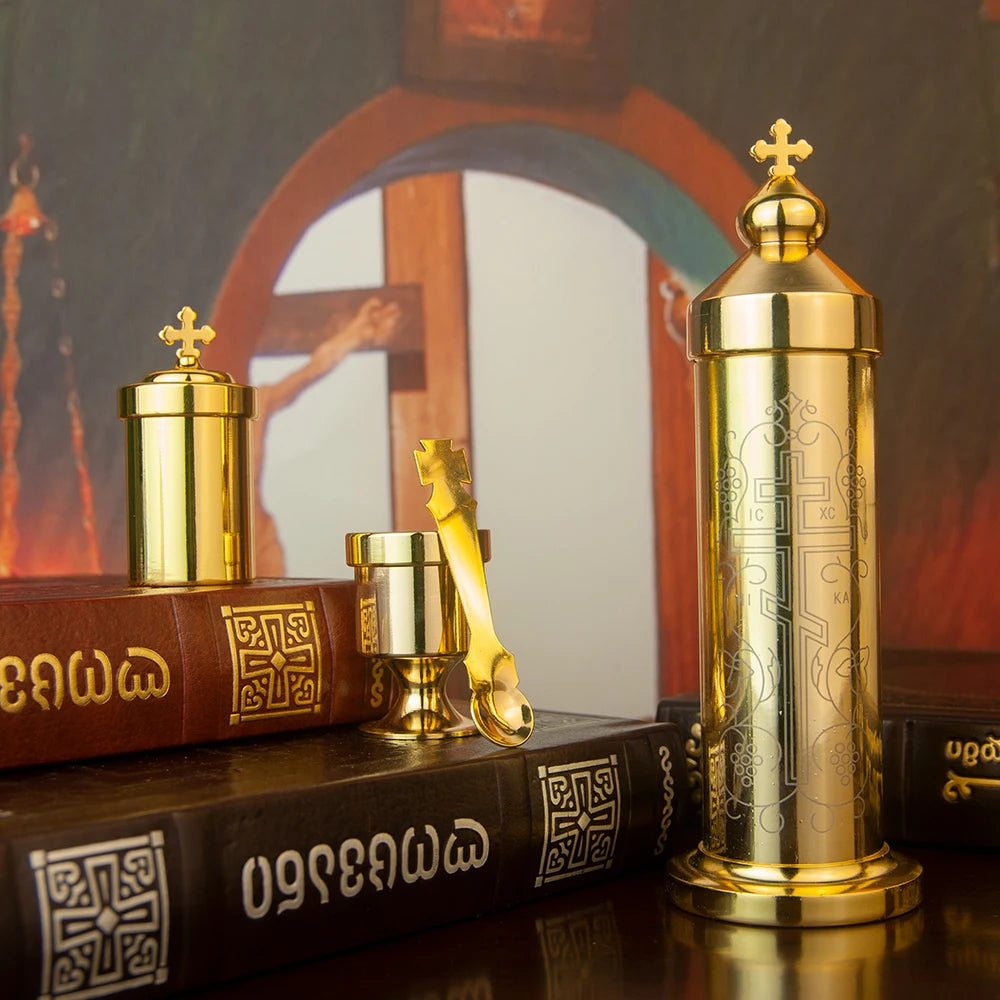 Orthodox Portable Holy Water Set, Religious Articles for Storing and Distributing Holy Water, Cross Design, Blessing Ceremony