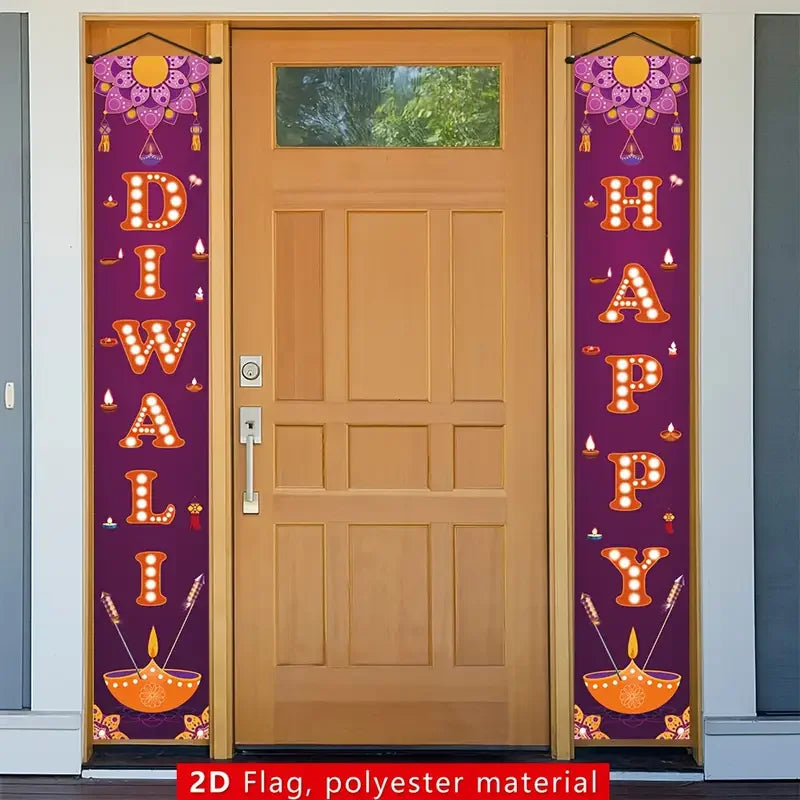 2pcs Purple Diwali Festival Door Banner Set for Festive Party Decorations and Entrance Ornaments with Couplets