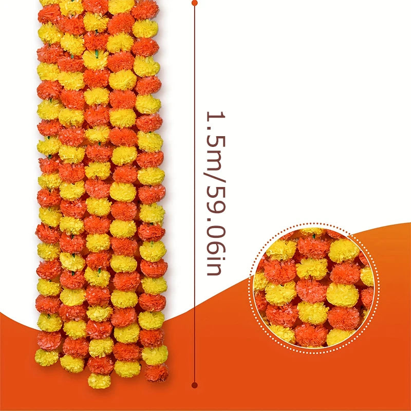 1.5m Marigold Flower Garland Plastic Artificial Flowers Diwali Traditional Festival
