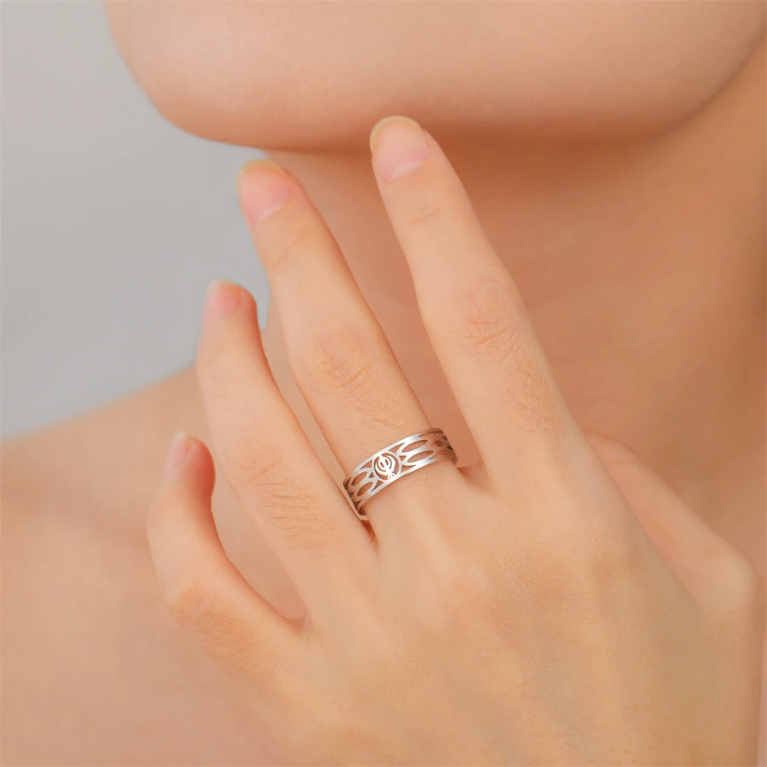 EUEAVAN Fashion Sikhism Symbol Rings For Women Men Stainless Steel Adjustable Classic Sikh Khanda Ring Religious Amulet Jewelry