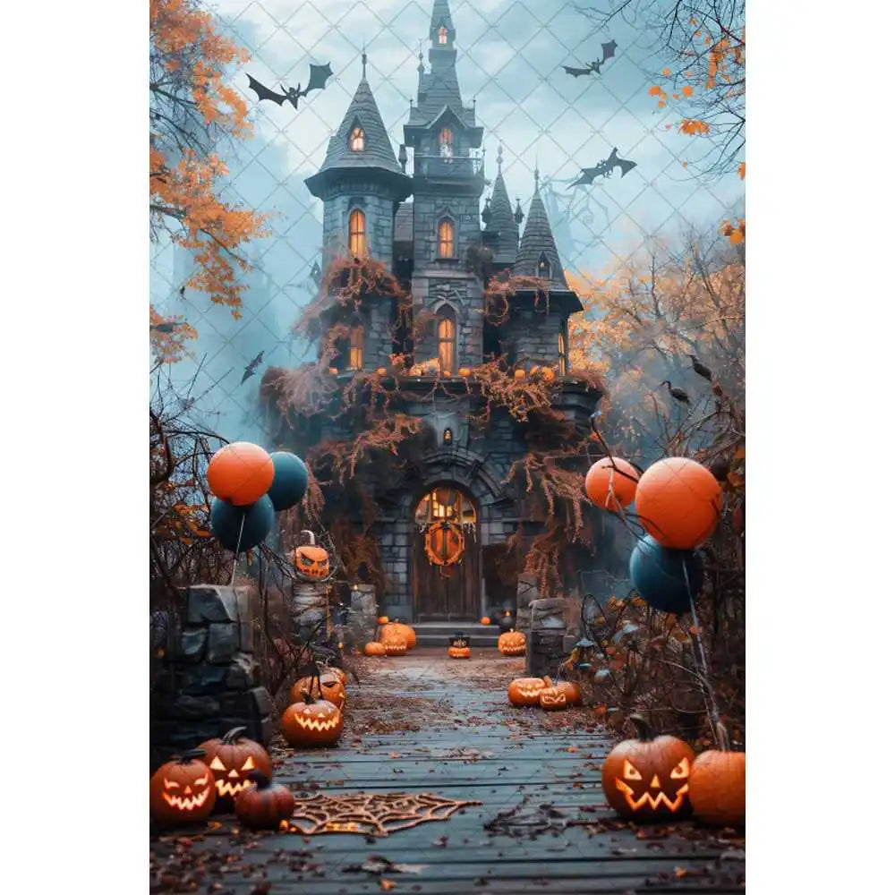 Halloween Night Background Photography Horror Haunted House Pumpkin Lantern Black Stone Road Backdrop Kids Holiday Party Studio