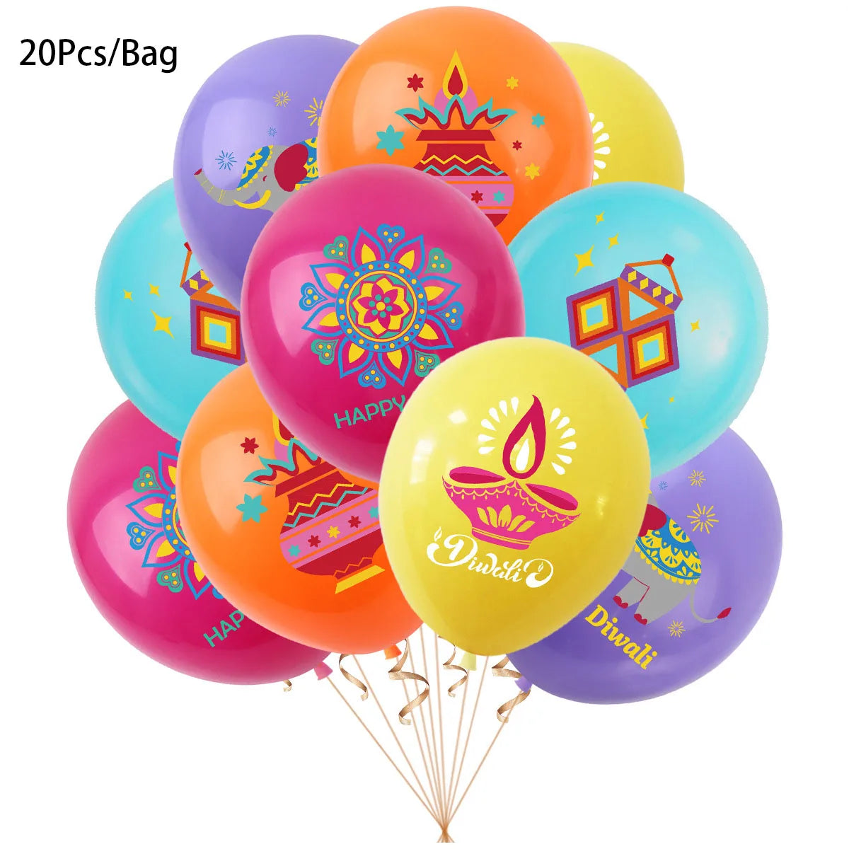 20Pcs Happy Diwali Theme 12inch Latex Balloons Background Photo Props for India Diwali Festival Birthday Party Decoration