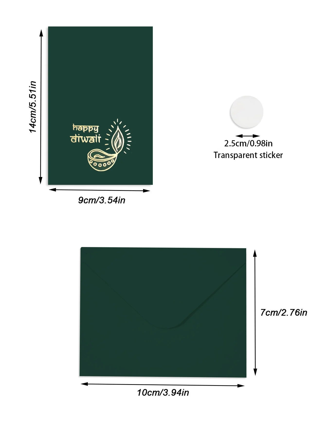 Diwali Greeting Cards and Envelopes Set, "Happy Diwali" with Diya Print, Assorted Colors (Green/Red/White), Festive Diwali Stati